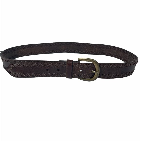 EUC Brown Leather Rick Rack Stitch Trim Belt - Picture 1 of 3
